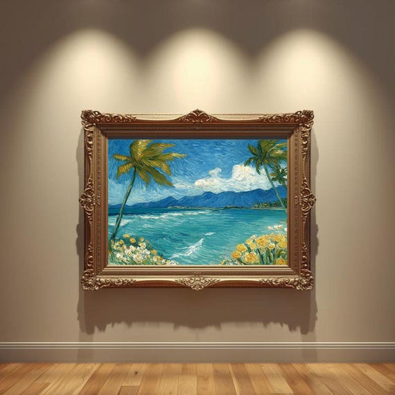 Tropical Ocean Breeze Wall Art Van Goghinspired Artwork Palm Tree And Mountain Print