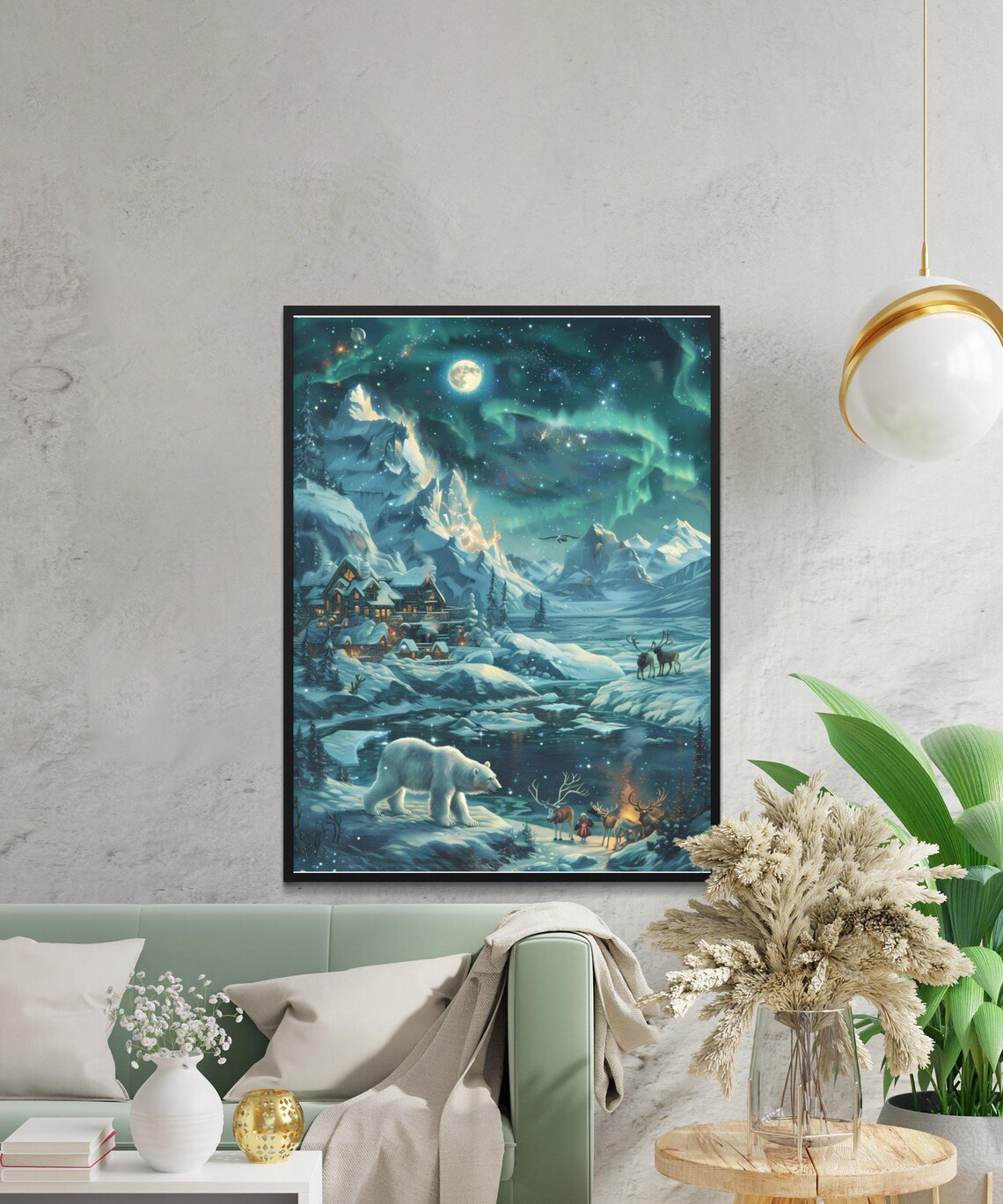 Northern Lights Alaska Polar Bear And Reindeer Art Print - Image 3