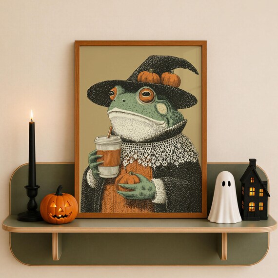 Witch Toad with Pumpkin Latte Cute Fall Halloween Coffee Poster