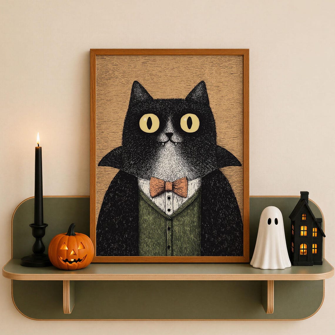 Dapper Vampire Cat Fangs Bow Tie Spooky Halloween Kitty Poster