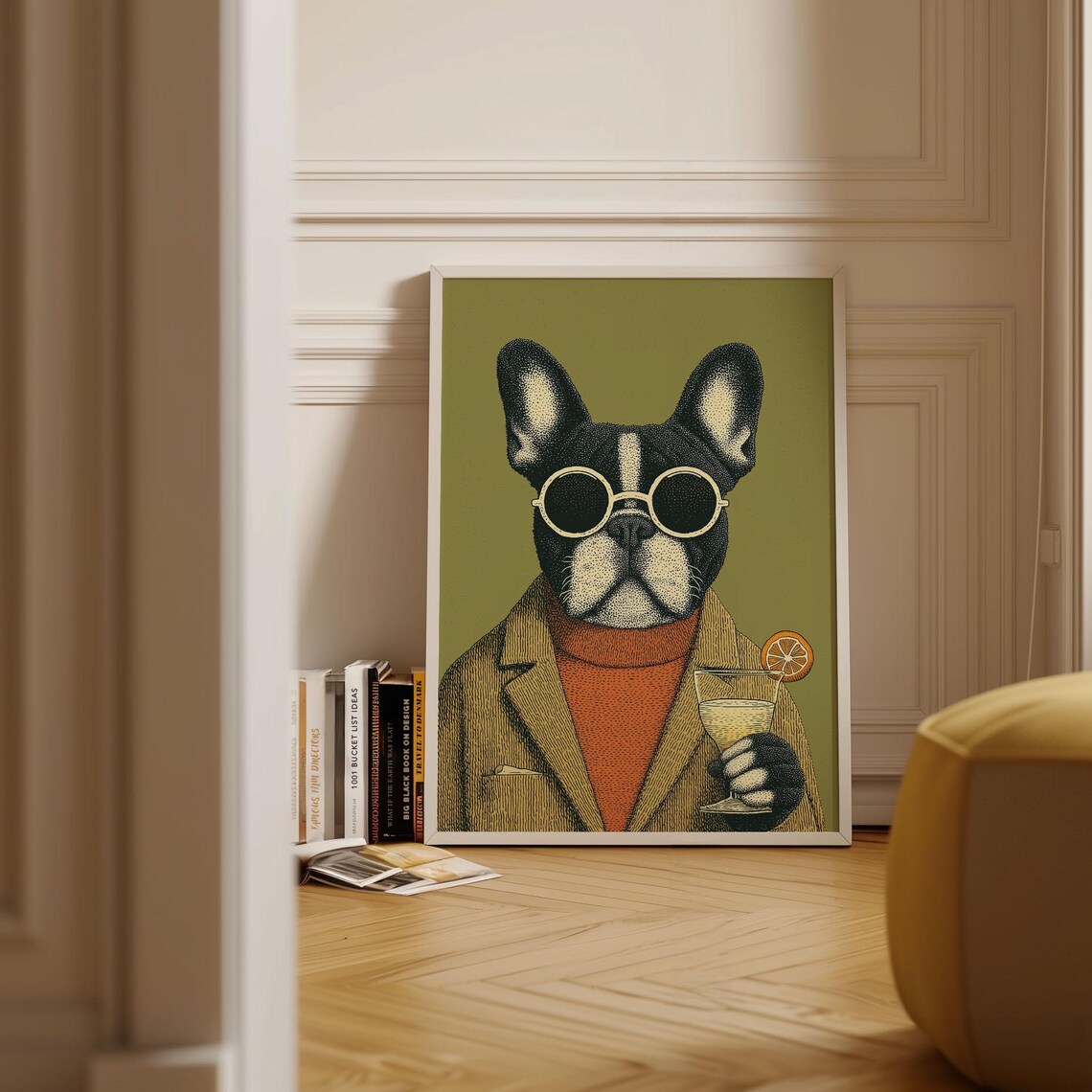French Bulldog Sunglasses Cocktail Vintage Animal Illustration Poster