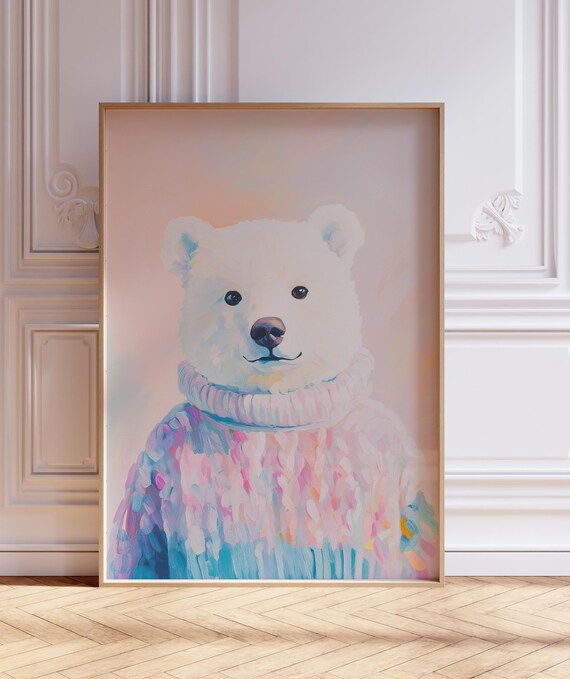 Pastel Polar Bear Cub in Colorful Knit Sweater Nursery Poster