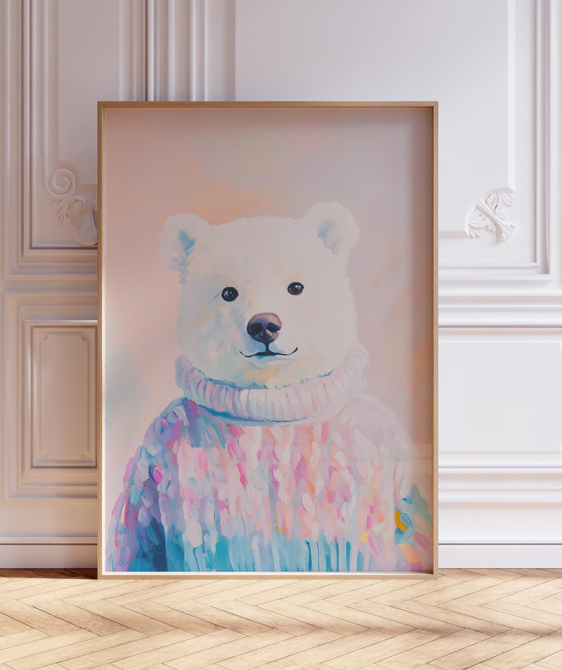 Pastel Polar Bear Cub in Colorful Knit Sweater Nursery Poster