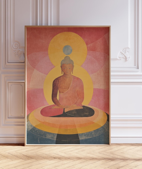 Pastel Buddha Meditating Lotus Pose Geometric Sun Halo Wall Art