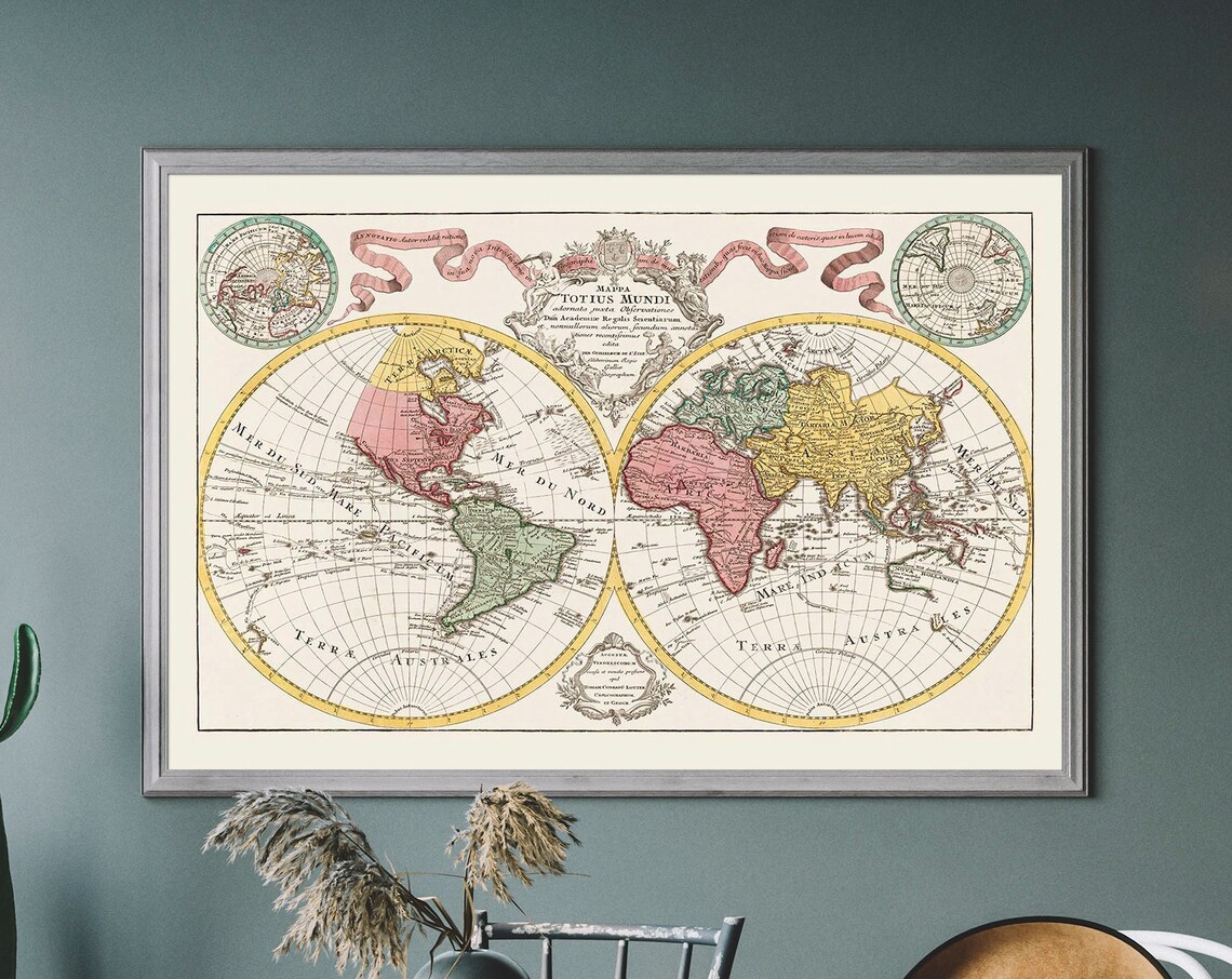 Vintage World Map Antique Illustration Travel Poster