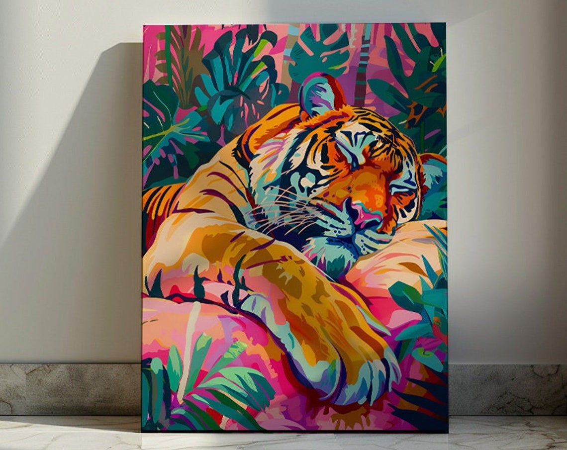 Sleeping Tiger Colorful Pop Art Jungle Leaves Bedroom Poster