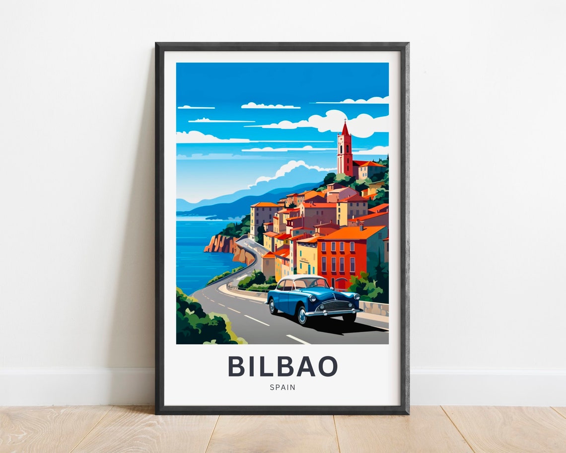 Bilbao Spain Coastal Town Vintage Car Cliffside Drive Poster