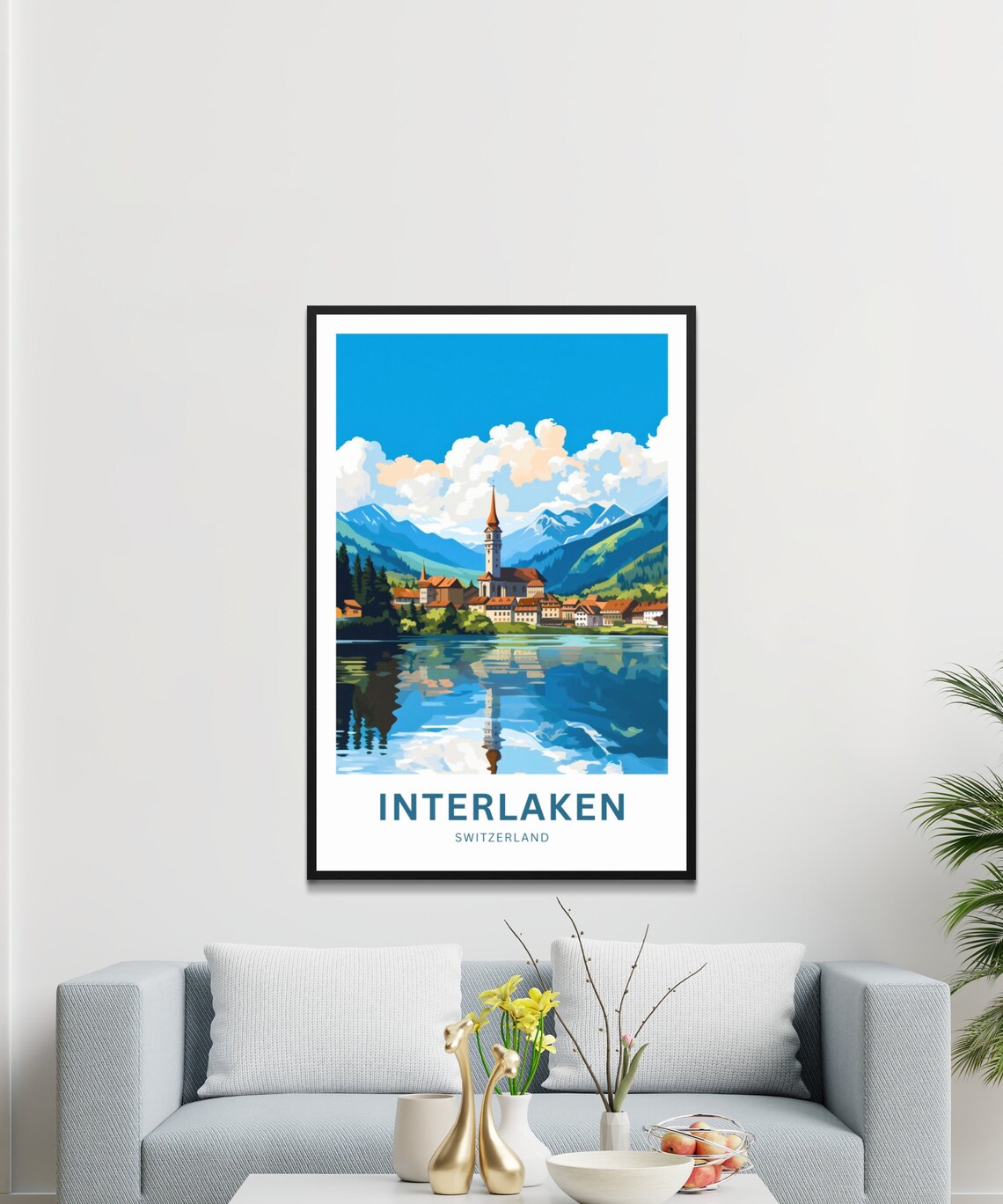 Interlaken Switzerland Lakeside Church Alpine Reflection Travel Poster - Image 2