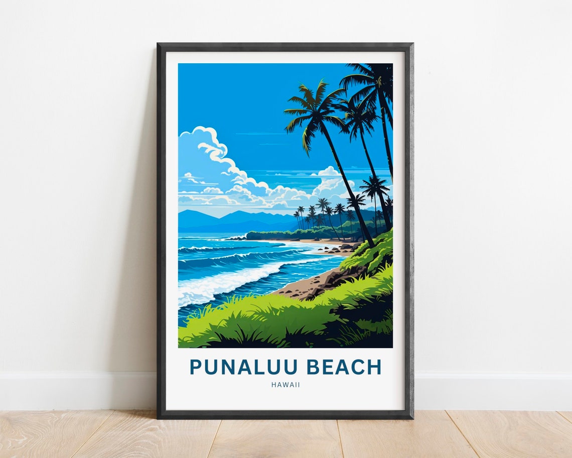 Punaluu Beach Hawaii Beach Cove Palm Tree Waves Travel Poster