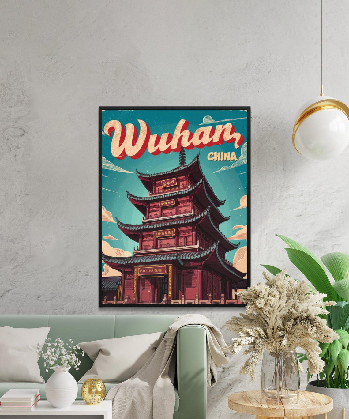 Wuhan China Retro Red Pagoda Tower Vintage Script Lettering Poster - Image 3