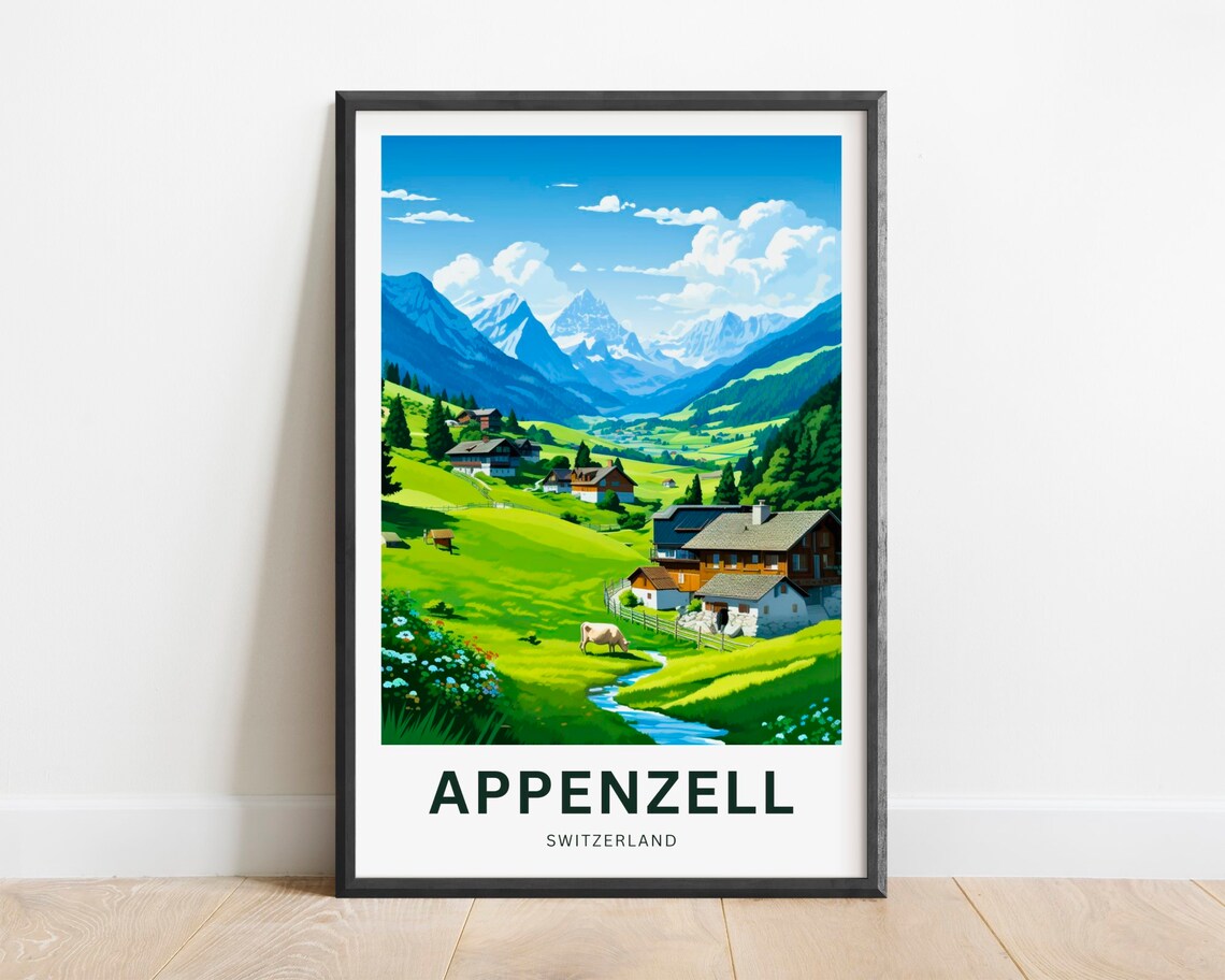 Appenzell Switzerland Alpine Chalets Cow Snowy Peaks Travel Poster