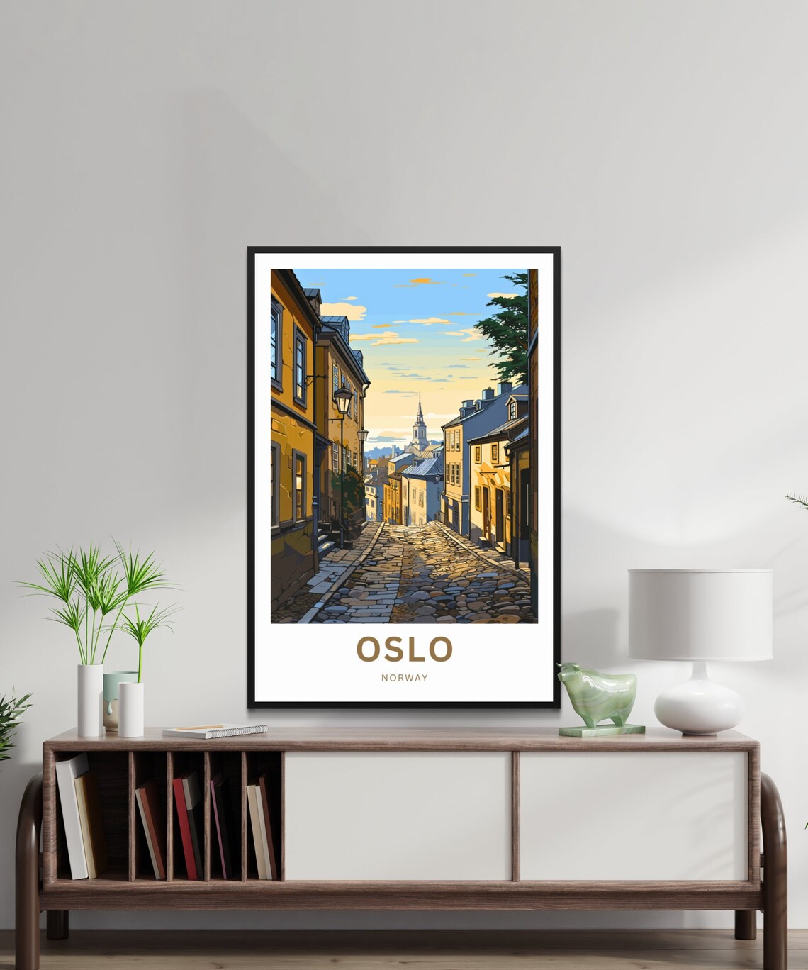 Oslo Norway Golden Sunset Old Town Cobblestone Street Poster - Image 2