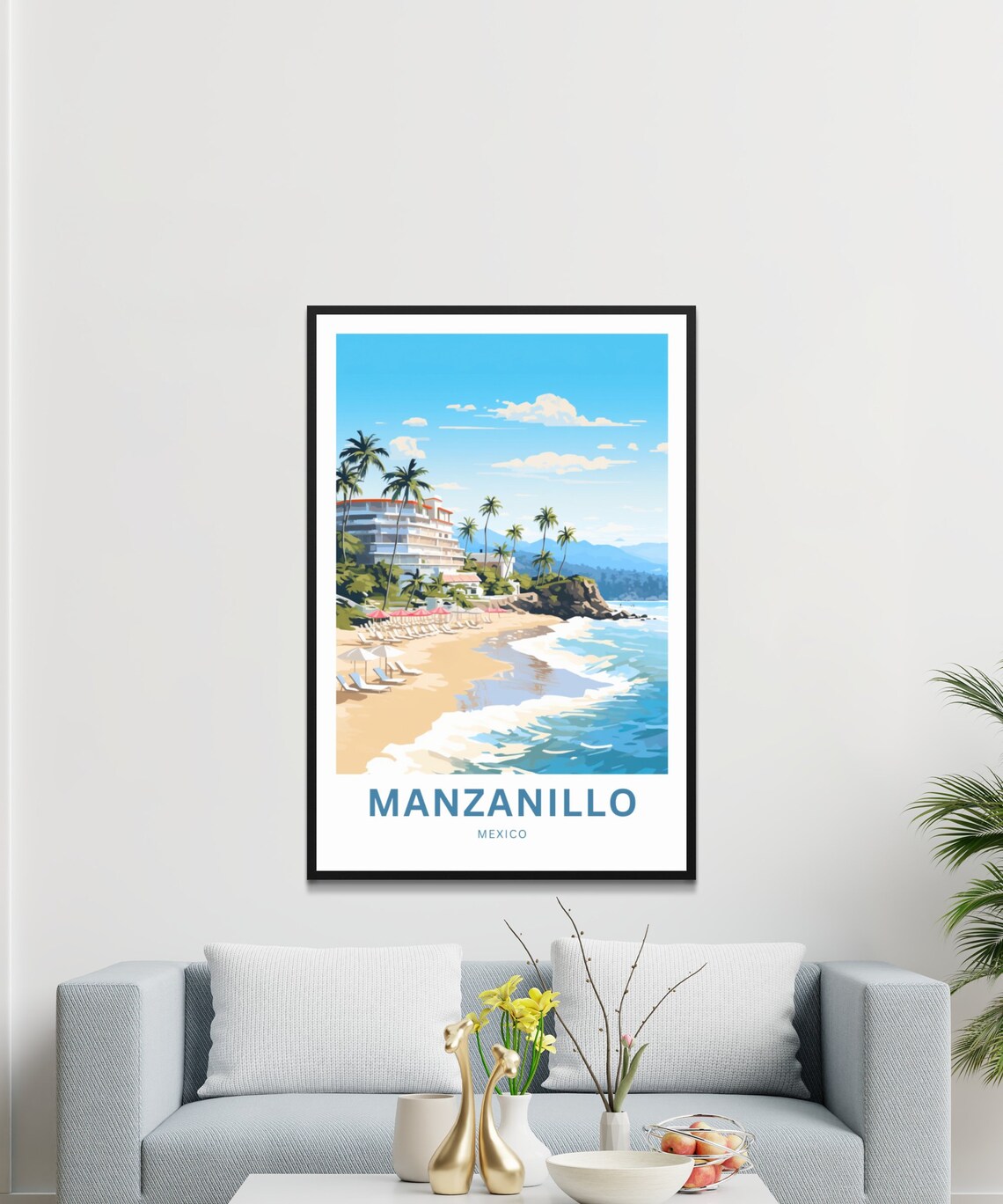 Manzanillo Mexico Beach Umbrellas Palms Vintage Travel Poster - Image 3