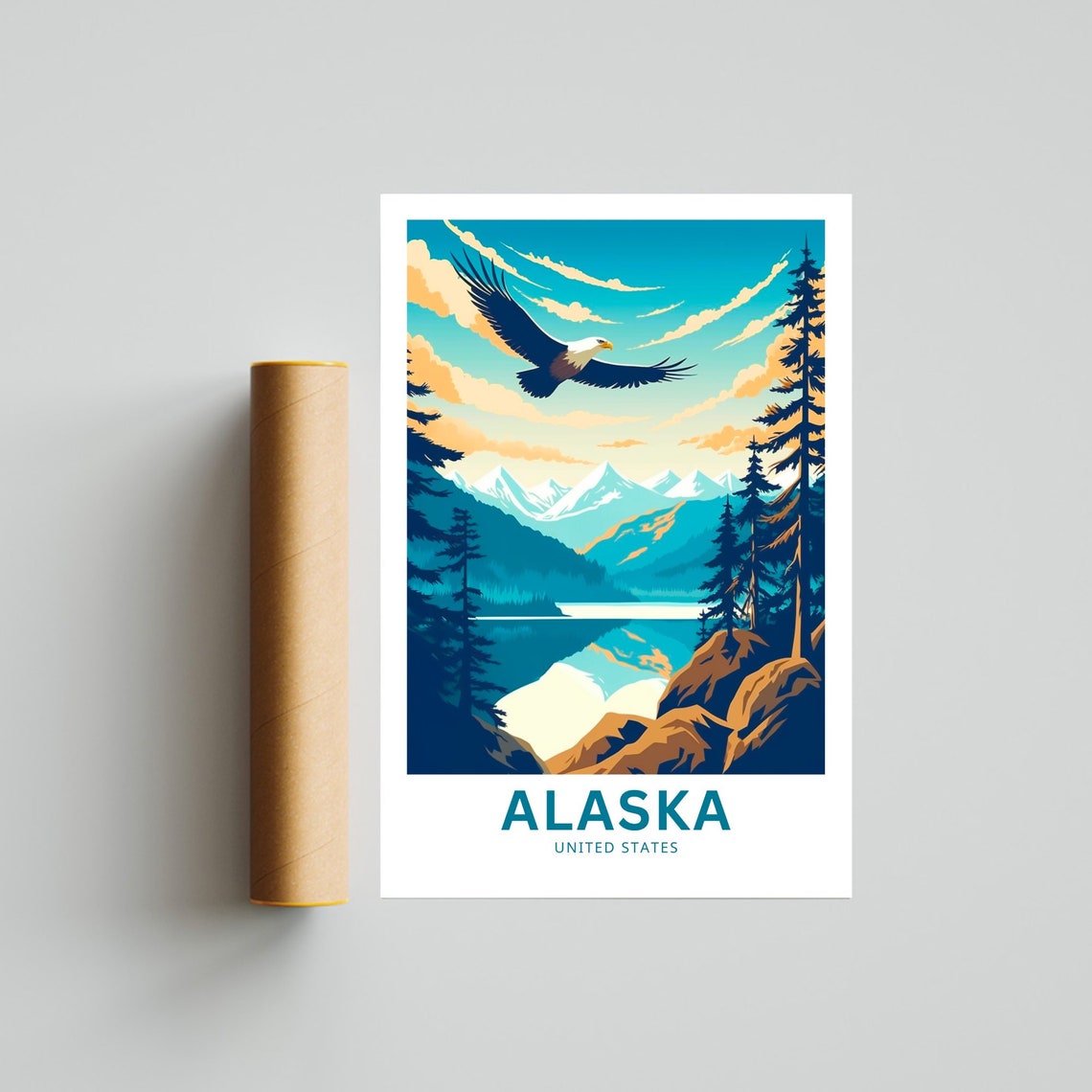 Alaska Bald Eagle Soaring Mountain Lake Wildlife Travel Poster - Image 4