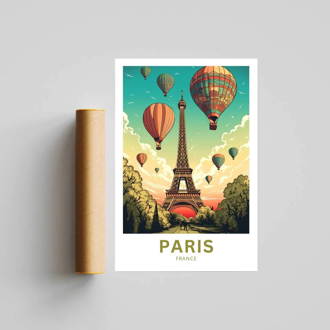 Paris France Eiffel Tower Hot Air Balloons Sunset Travel Poster - Image 5