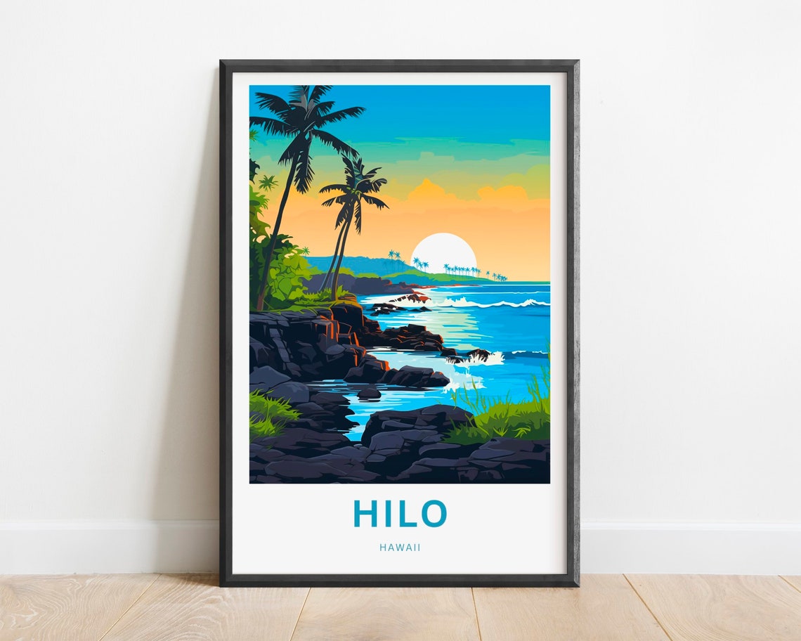 Hilo Hawaii Sunset Coast Palm Trees Tropical Beach Travel Poster