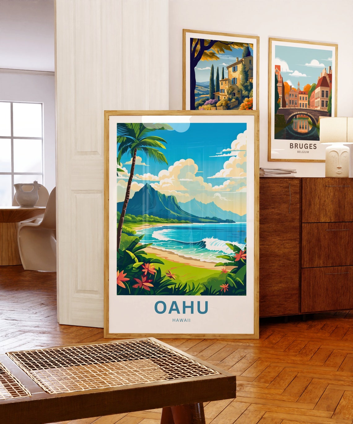 Oahu Hawaii Surf Waves Beach Tropical Flowers Art Travel Poster - Image 5