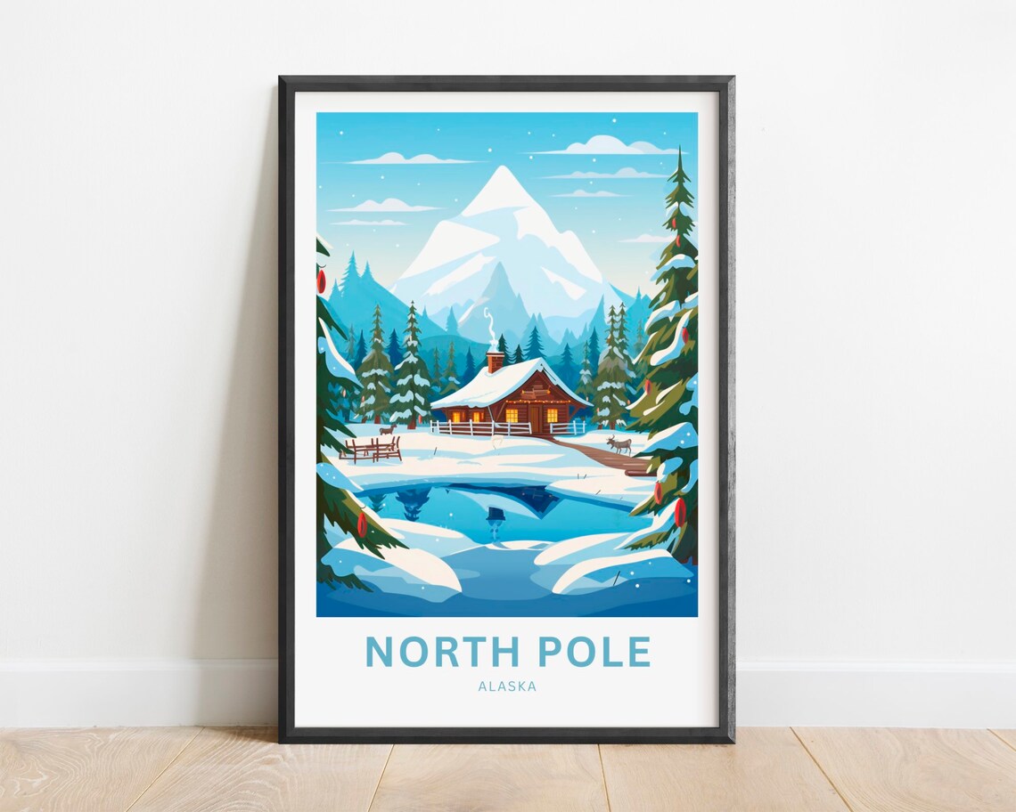 North Pole Alaska Snowy Cabin Reindeer Winter Wonderland Travel Poster