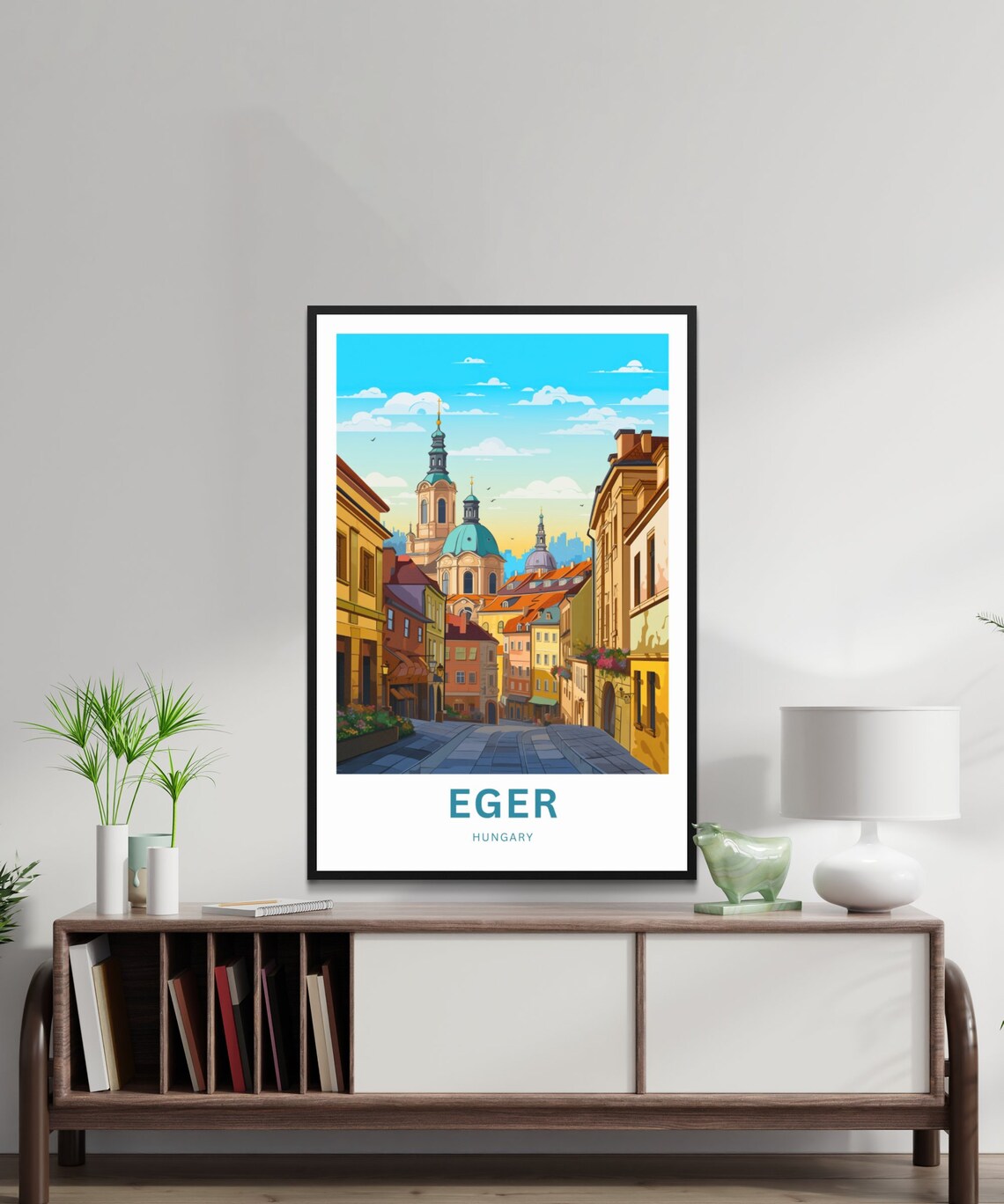 Eger Hungary Old Town Church Towers Cobblestone Street Travel Poster - Image 2