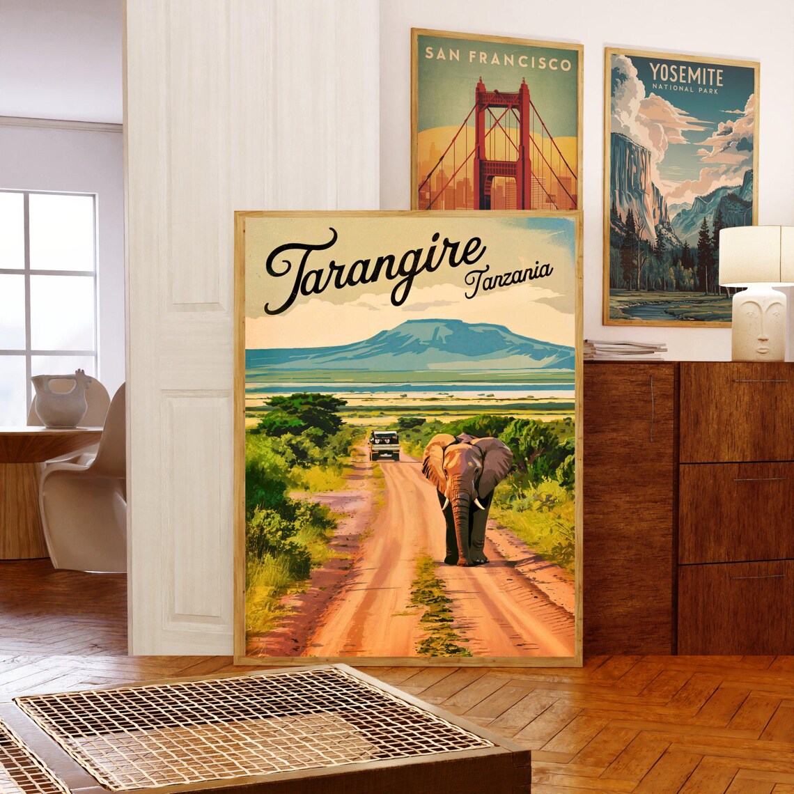 Tarangire Tanzania Safari Elephant Dirt Road Jeep Vintage Poster - Image 5