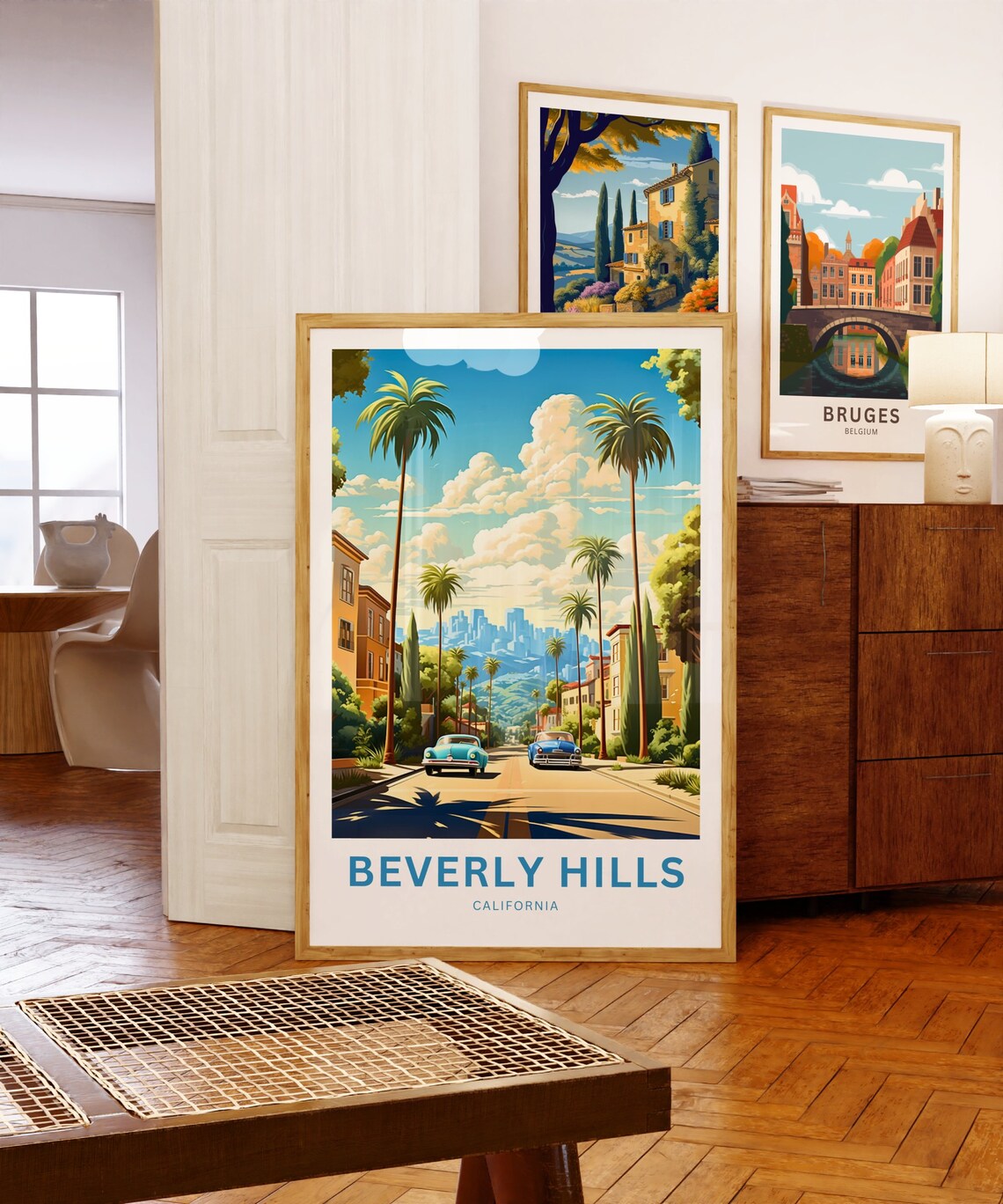 Beverly Hills Palm Street Classic Cars Skyline Vintage Travel Poster - Image 5