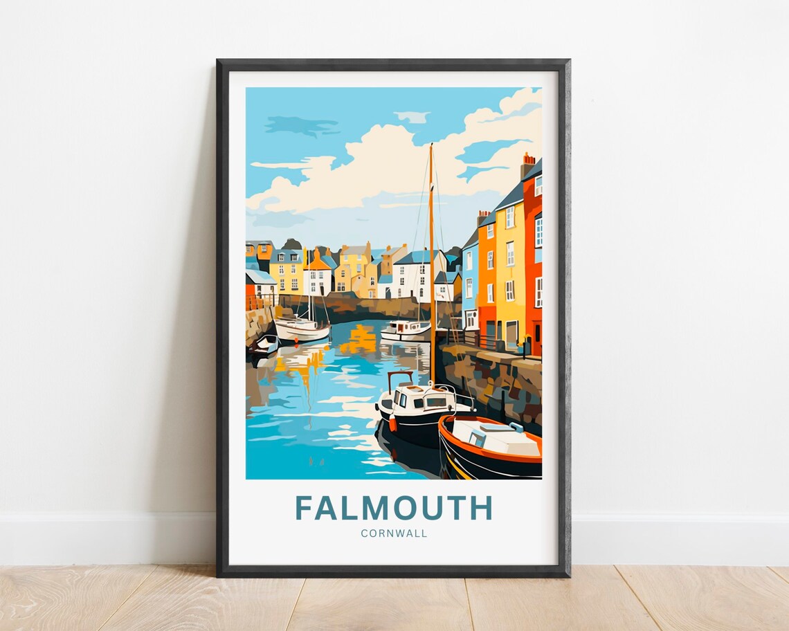 Falmouth Cornwall Harbor Sailboats Colorful Waterfront Travel Poster