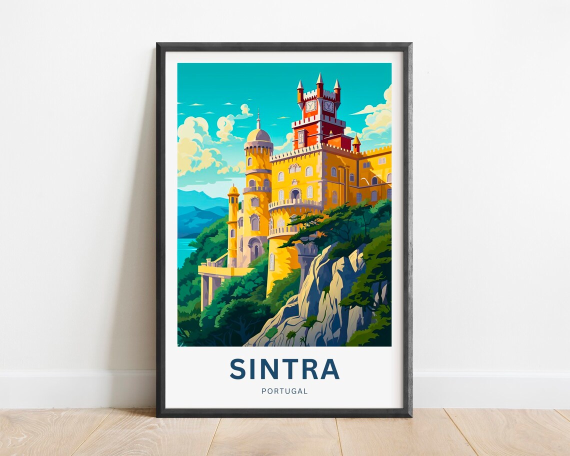 Sintra Portugal Travel Poster with Colorful Pena Palace on the Hill