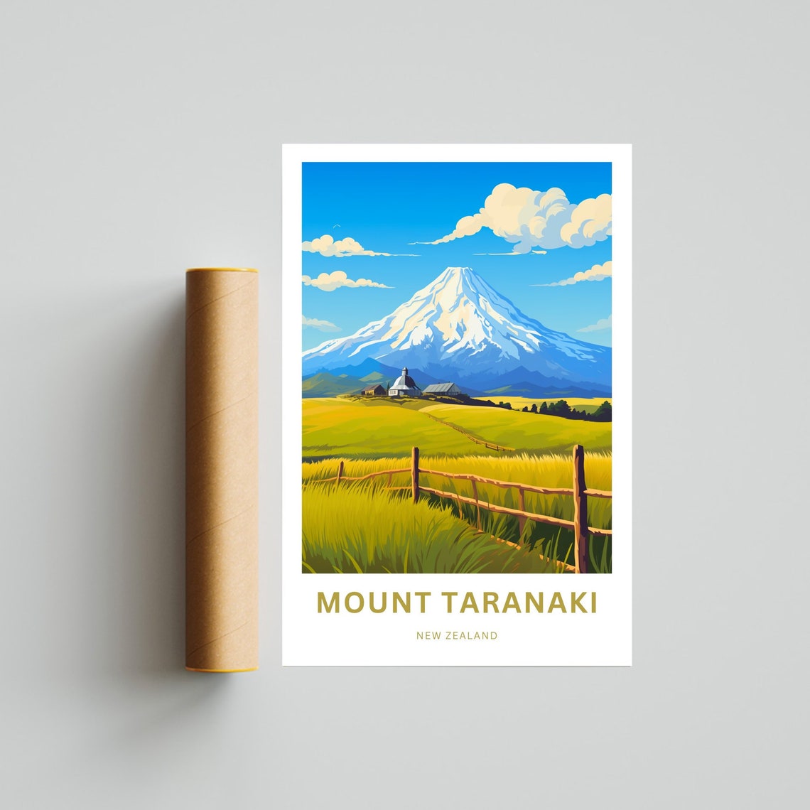 Mount Taranaki New Zealand Snow Capped Volcano Farmhouse Poster - Image 4