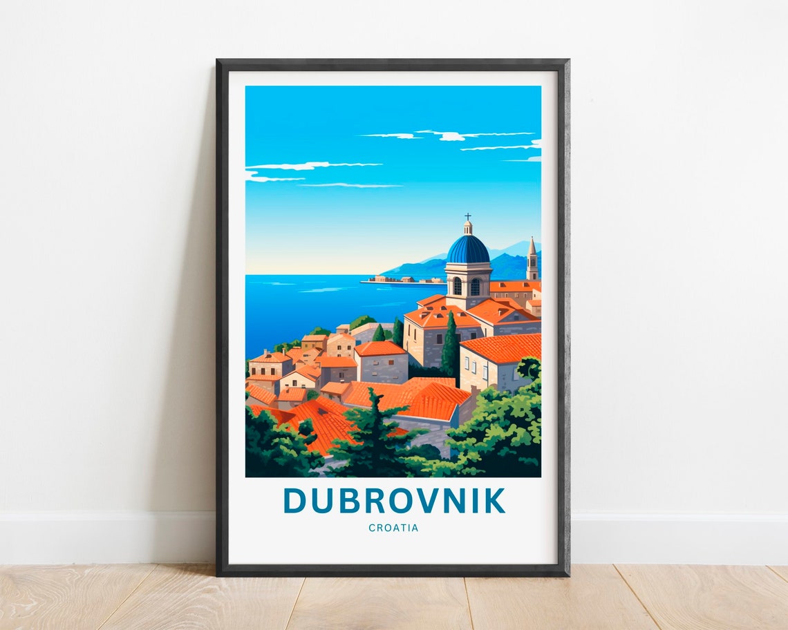 Dubrovnik Croatia Red Rooftops Blue Dome Seaside Vibrant Poster