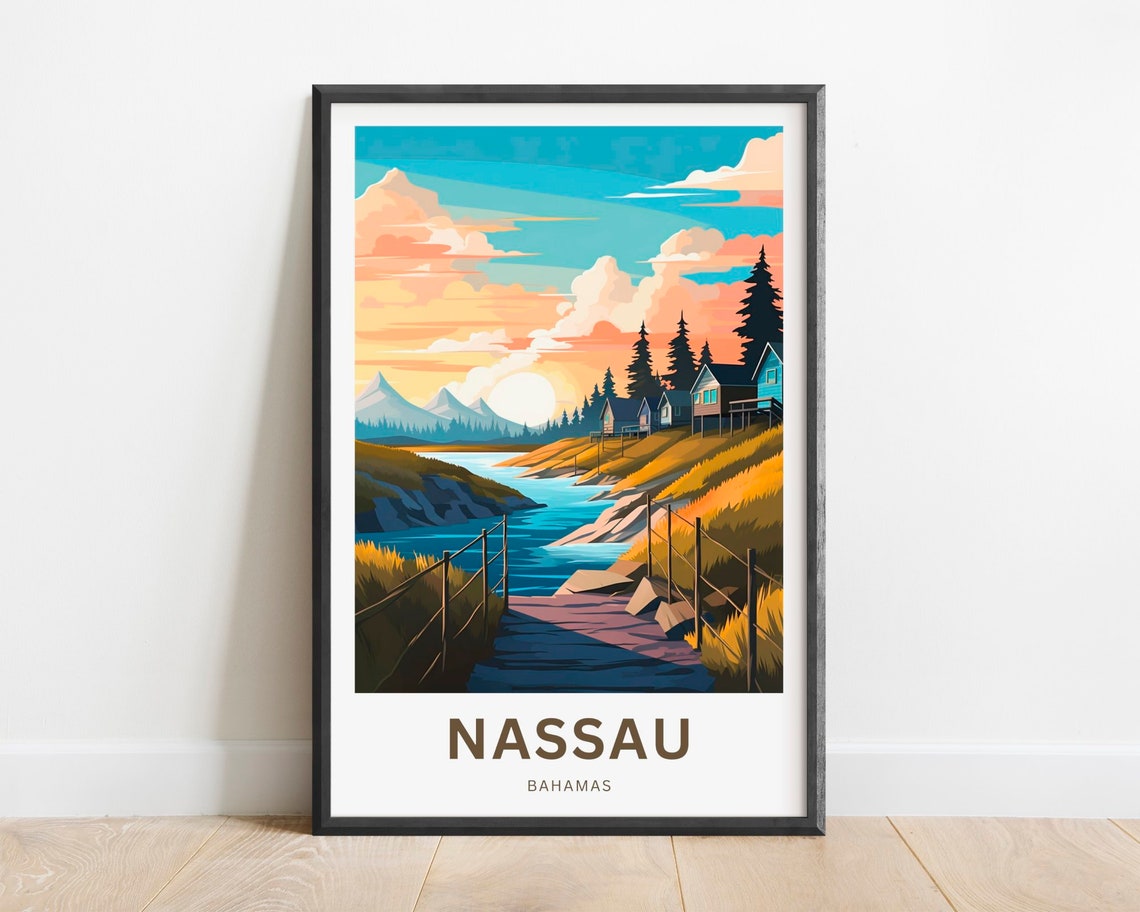 Nassau Bahamas Lakeside Cabins Sunset Boardwalk Travel Poster