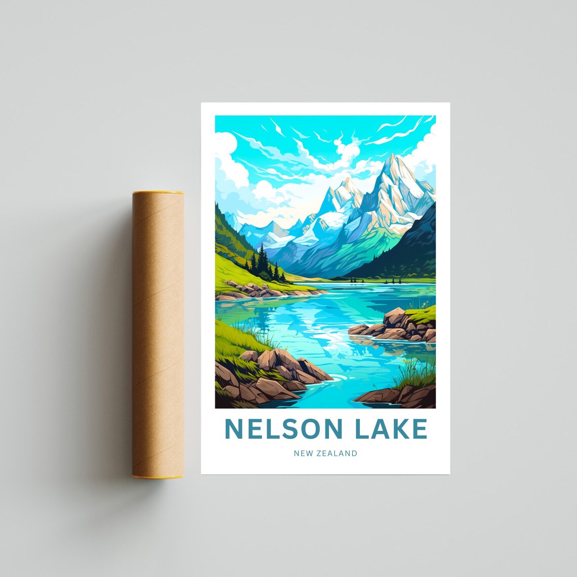 Nelson Lake New Zealand Turquoise Lake Snowy Peaks Travel Poster - Image 4
