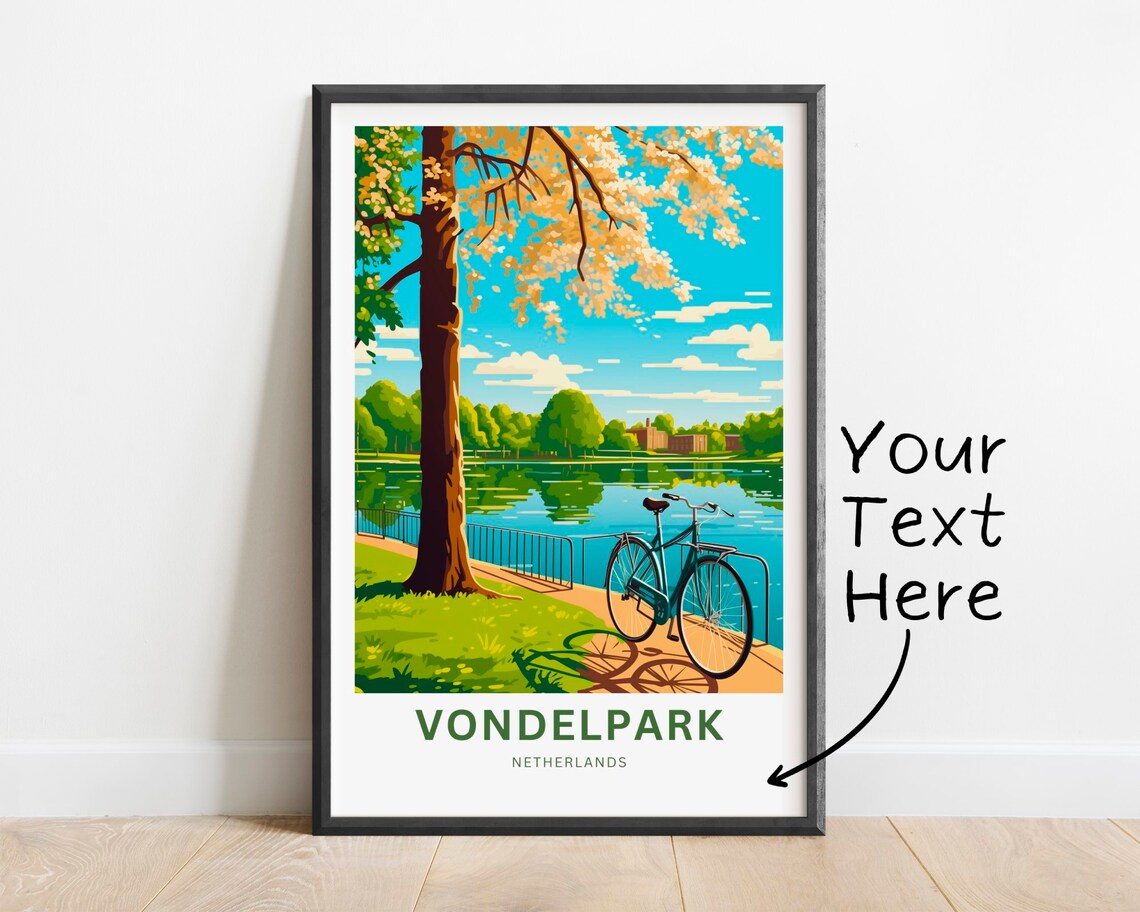 Vondelpark Netherlands Travel Poster Bicycle Lake Blossom Tree Park Artwork