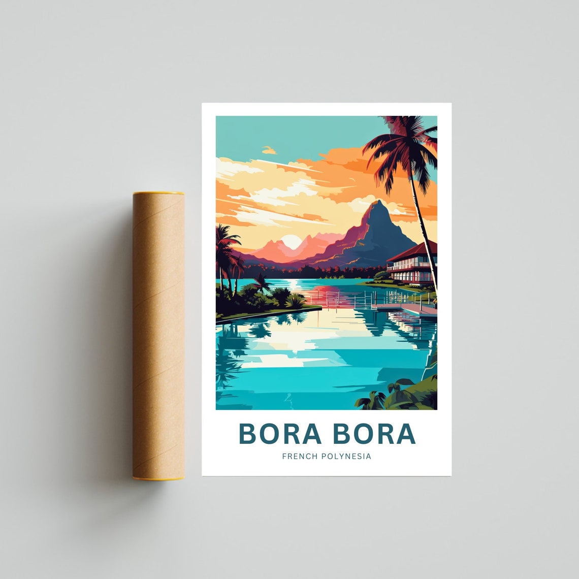 Personalized Bora Bora Custom Text Lagoon Sunset Mountain Scene Poster - Image 4