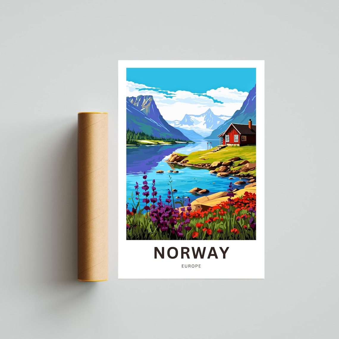 Norway Europe Travel Poster Red Mountain Cabin Wildflower Lake Scene - Image 4