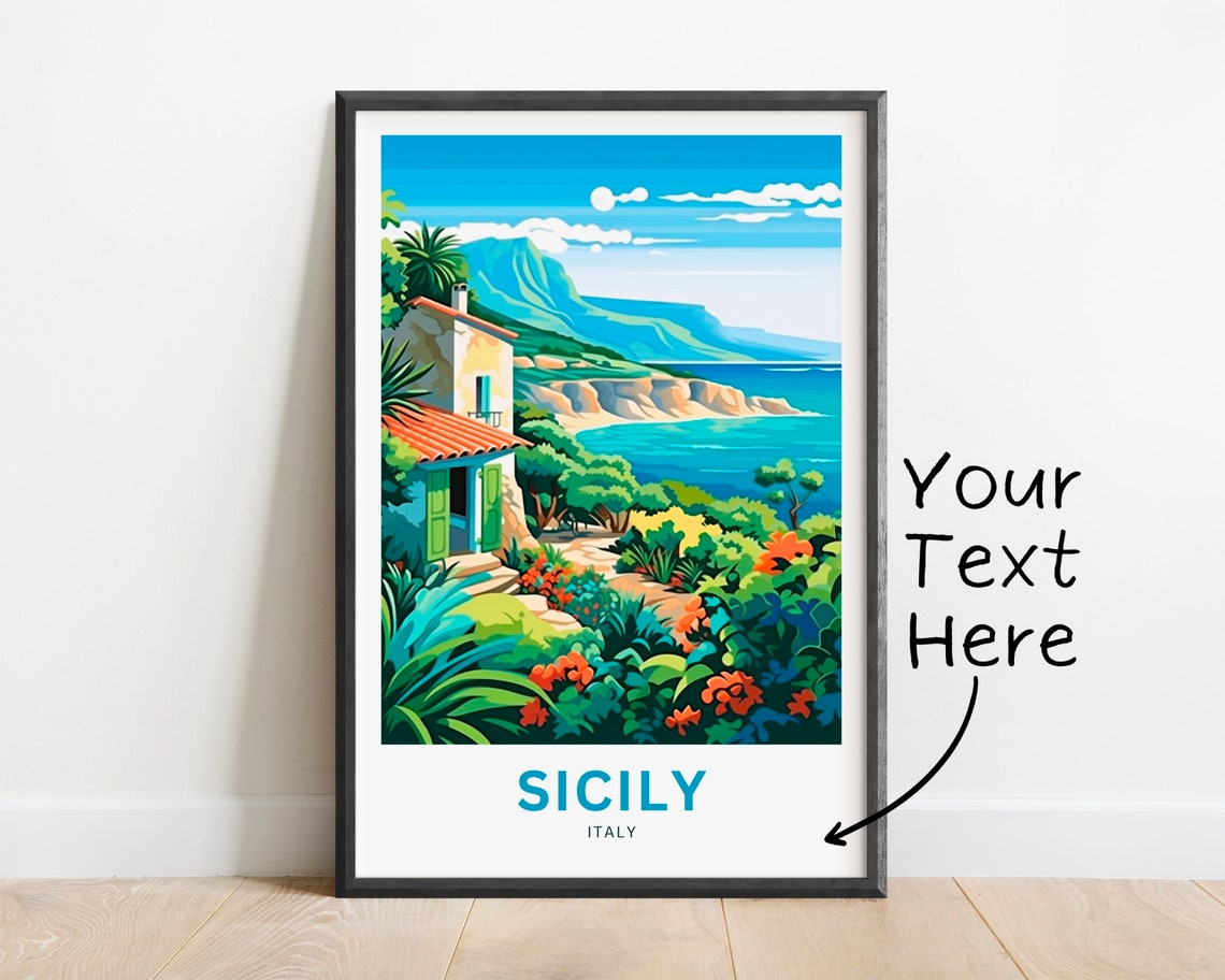 Sicily Italy Custom Text Hillside Villa Flower Coast Travel Poster
