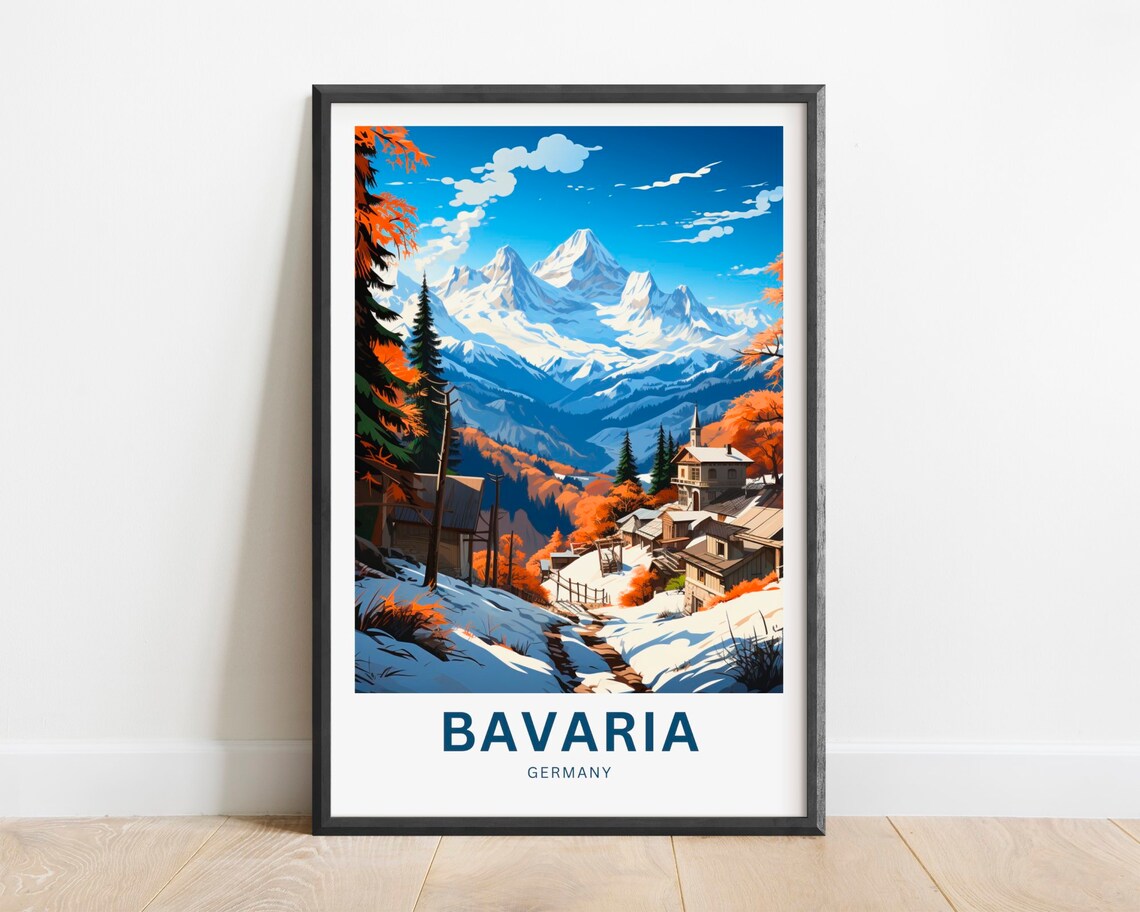 Bavaria Germany Snowy Alpine Village Autumn Peaks Travel Poster
