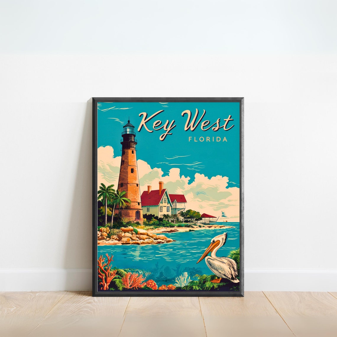 Key West Florida Lighthouse Pelican Coastal Vintage Travel Poster