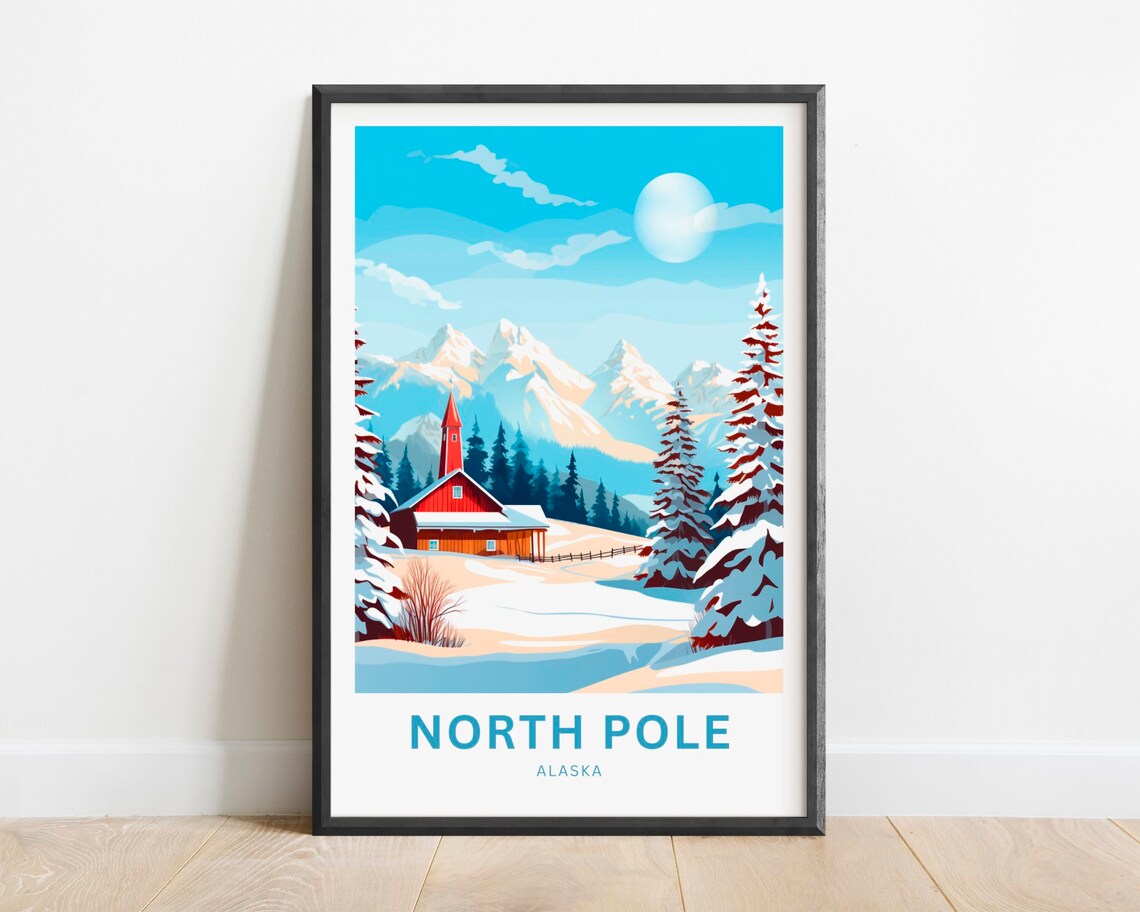 North Pole Alaska Snowy Red Cabin Church Winter Wonderland Poster