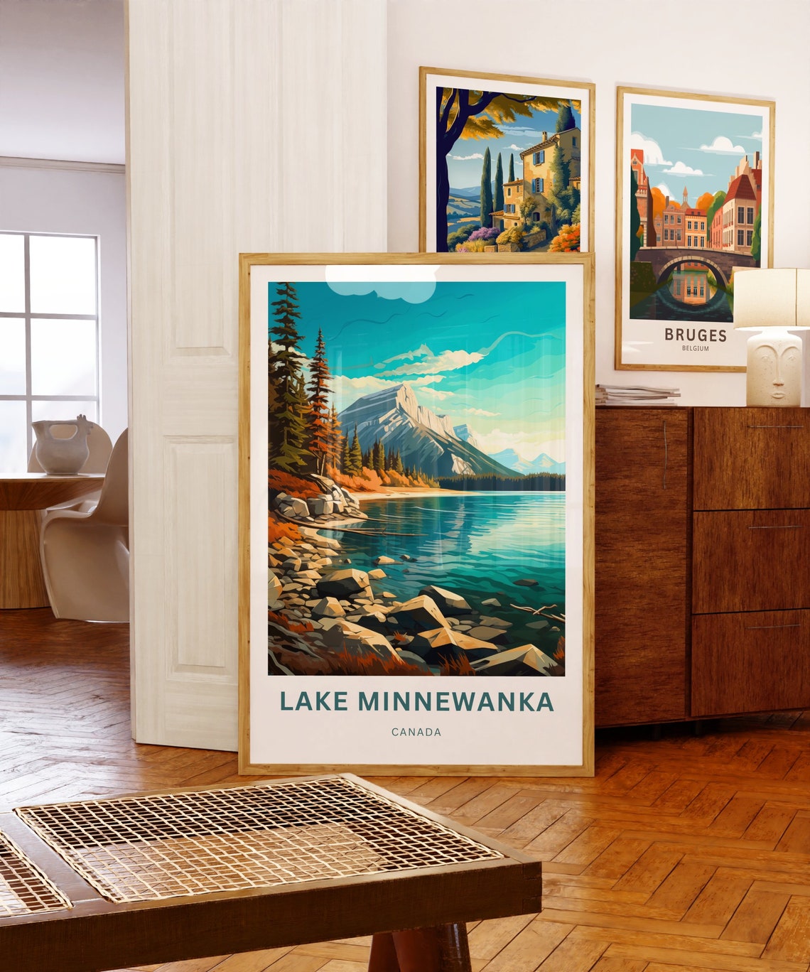 Lake Minnewanka Canada Turquoise Lake Red Canoe Custom Poster - Image 5