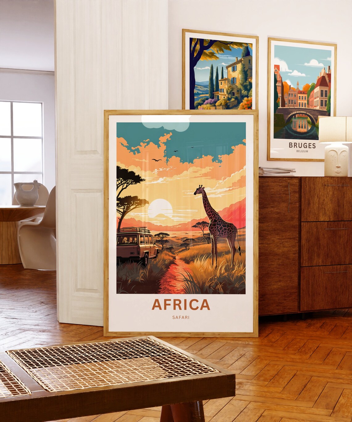 Africa Safari Giraffe and Jeep at Sunset Savanna Scene Poster - Image 5