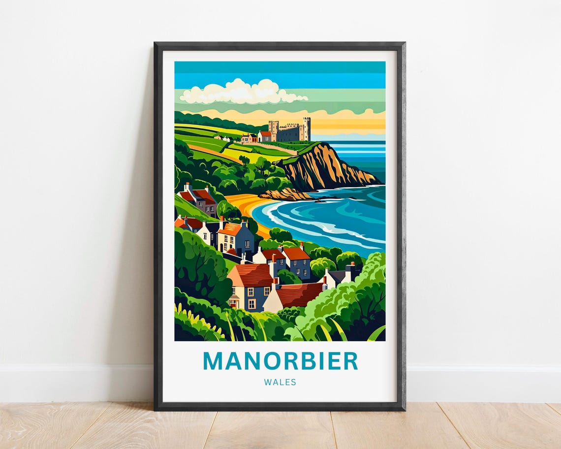 Manorbier Wales Cliffside Castle Village Coastal Travel Poster