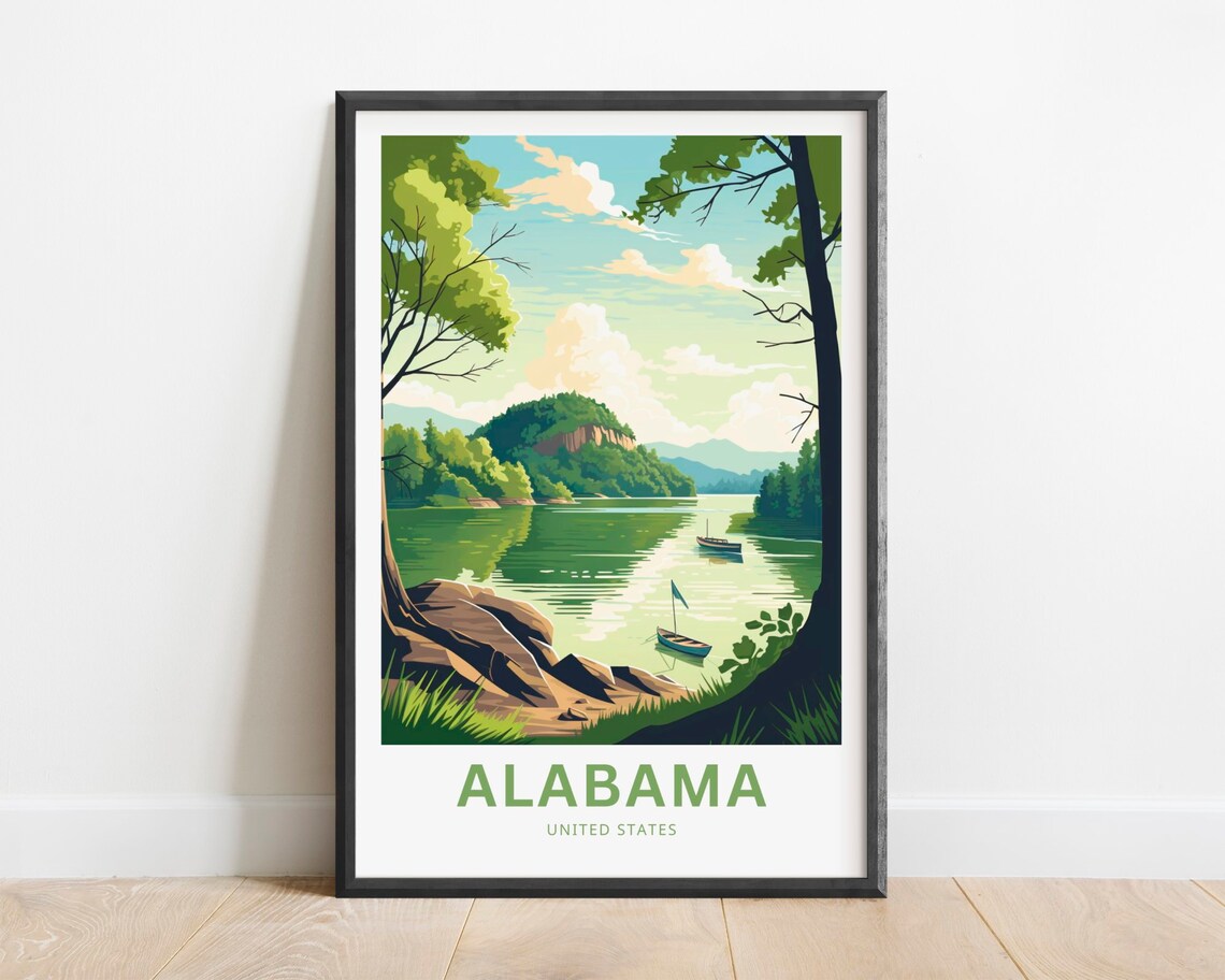 Alabama United States Travel Poster Lakeside Boats Green Hills Decor