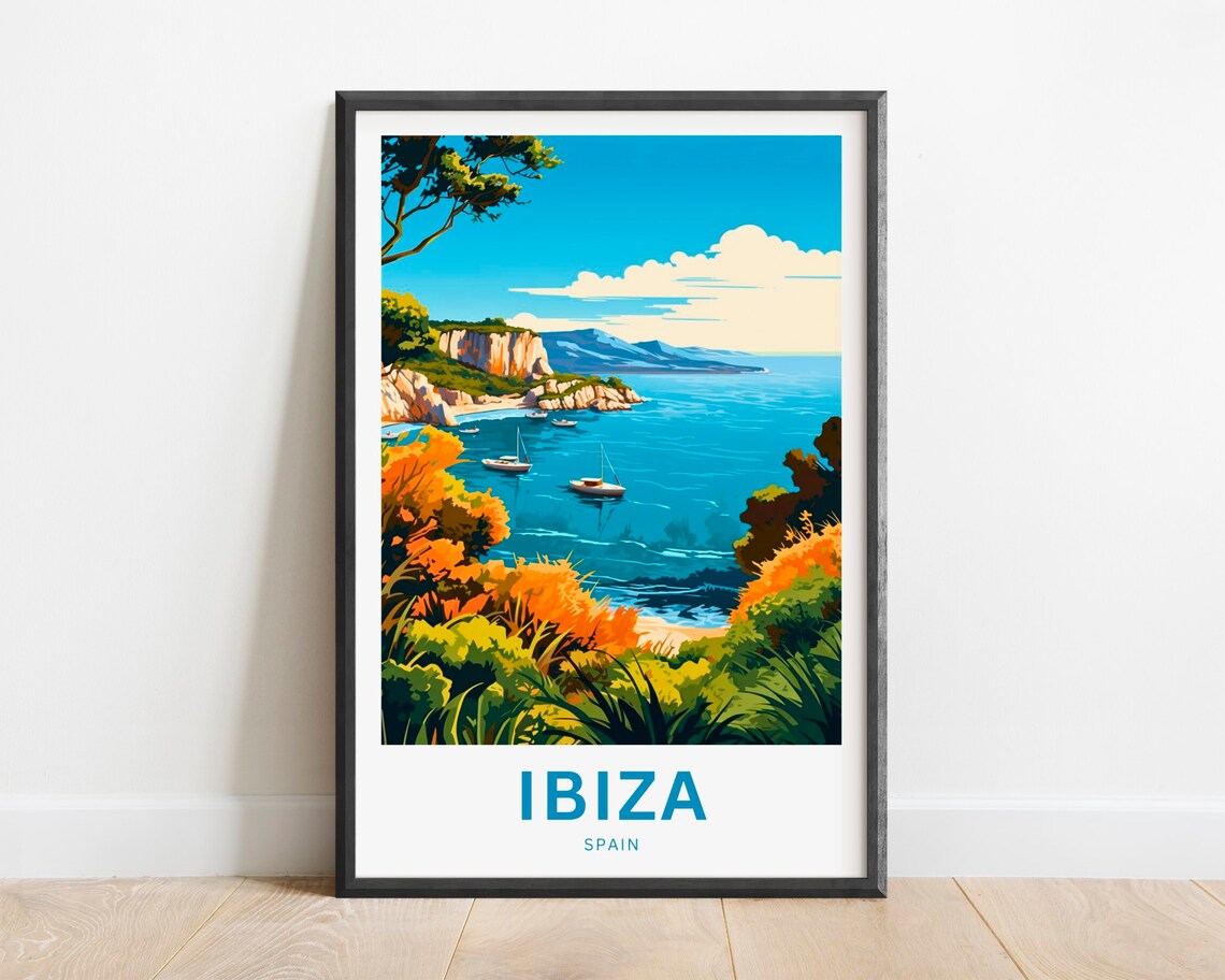 Ibiza Secluded Cove Boats Cliffs Golden Foliage Spain Travel Poster