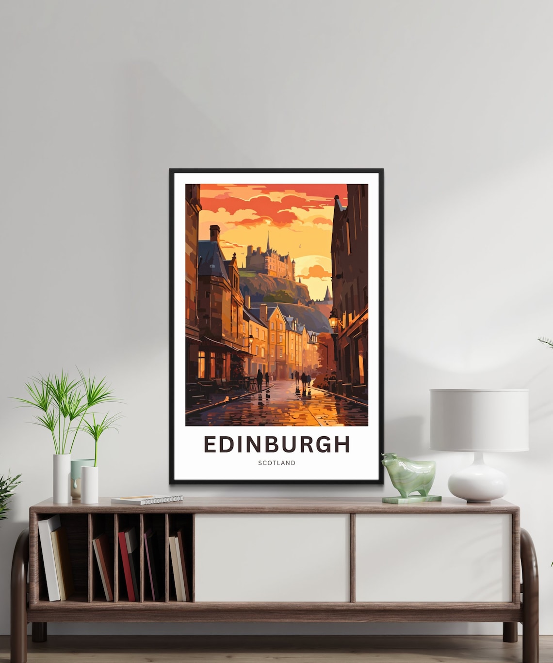 Edinburgh Scotland Castle Rock Rainy Cobblestone Street Poster - Image 2