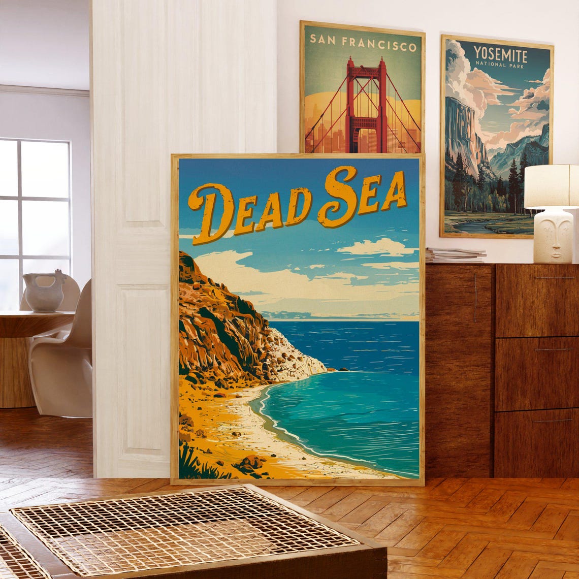 Dead Sea Rocky Shoreline Salt Cliffs Desert Oasis Retro Travel Poster - Image 5