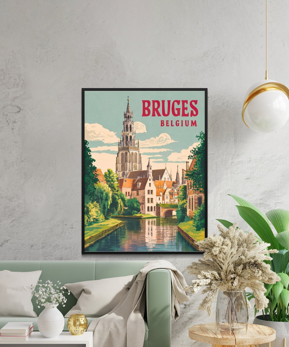 Bruges Belgium Canal Church Tower Green Riverside Poster Art - Image 3
