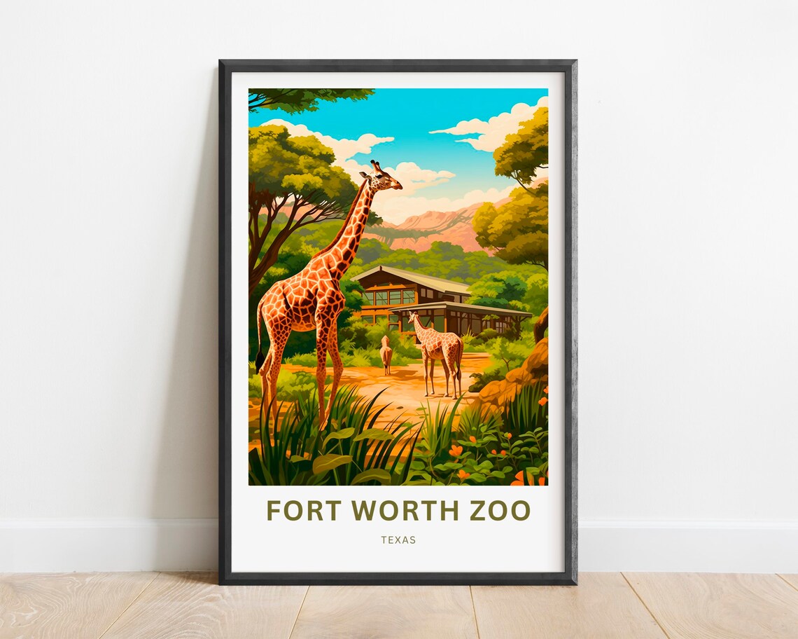 Fort Worth Zoo Texas Giraffe Family Wildlife Safari Travel Poster