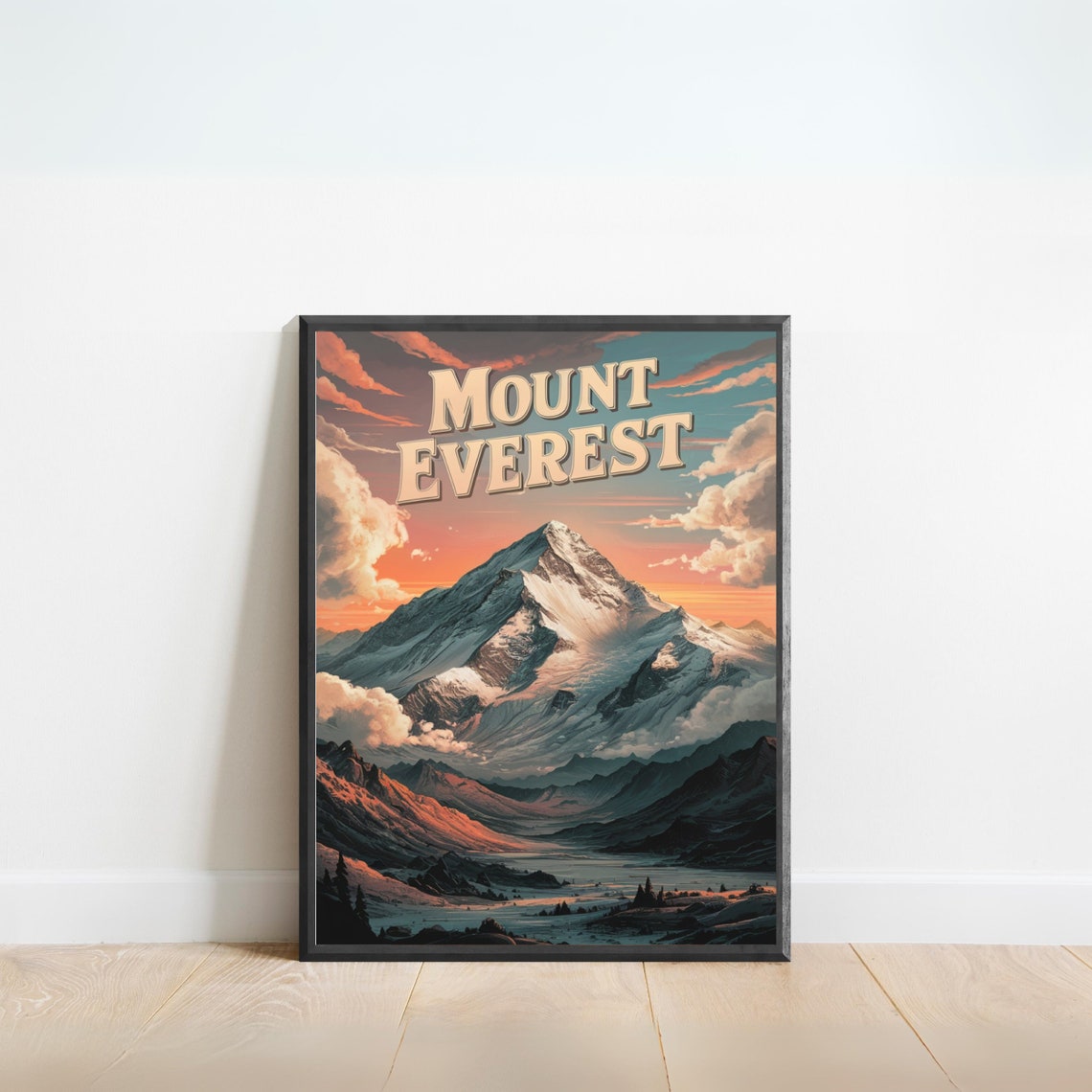 Mount Everest Pink Sunset Clouds Snow Summit Valley Vintage Poster