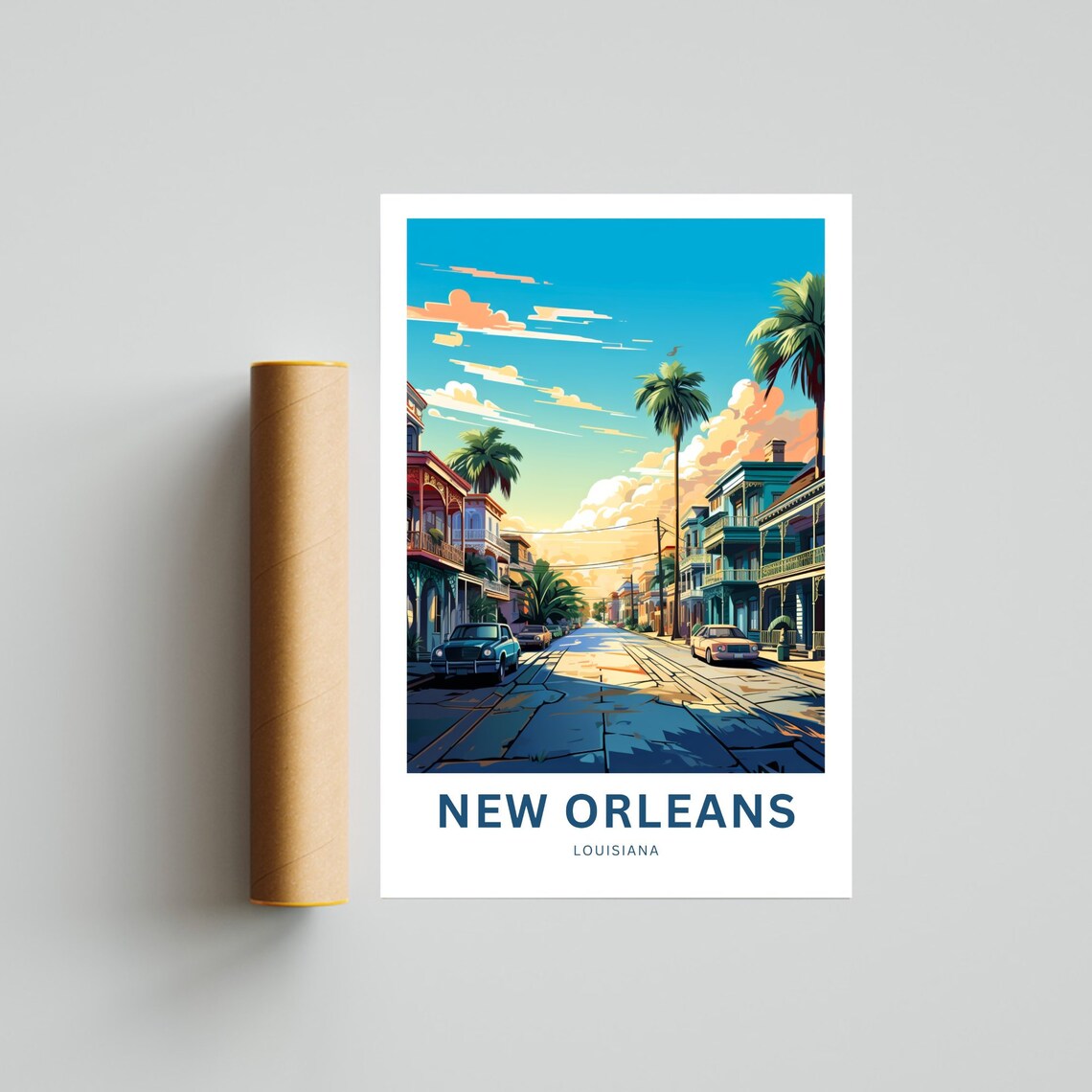 New Orleans Louisiana Palm Tree Street Vintage Cars Sunset Poster - Image 4