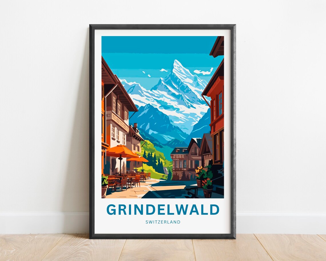 Grindelwald Switzerland Village Street Alpine Peak Travel Poster
